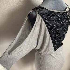 Windsor Nova Petite Small Gray Draped Cowl Neck Top Black Lace Back Slit Sleeve